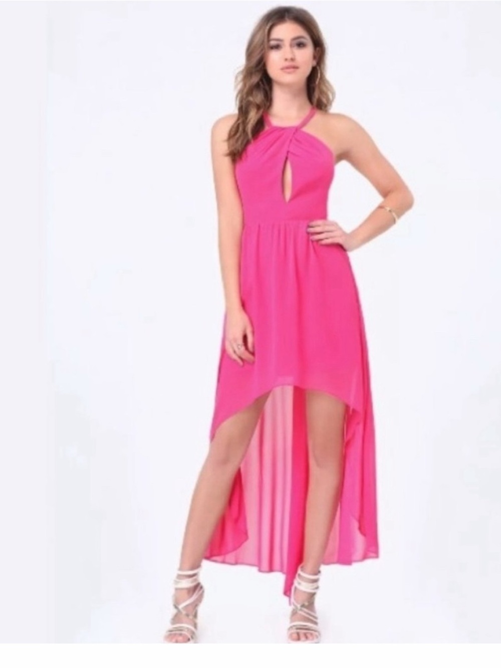 Bebe Pink Chiffon Hi-Low Dress - Size 2 - Peek-a-Boo Cutout Detail
